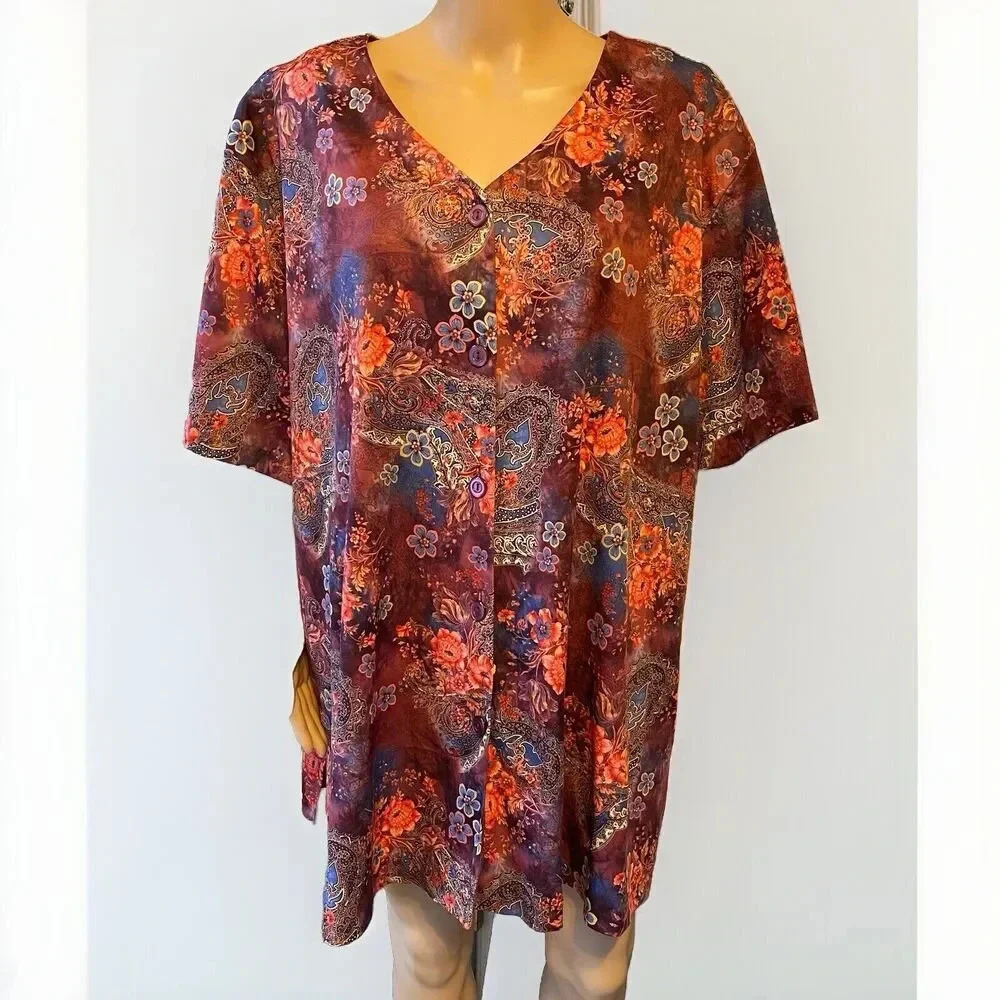 VTG Top Notch Floral Print Shirt Women’s 5X USA Blouse VNeck LongSleeve Casual